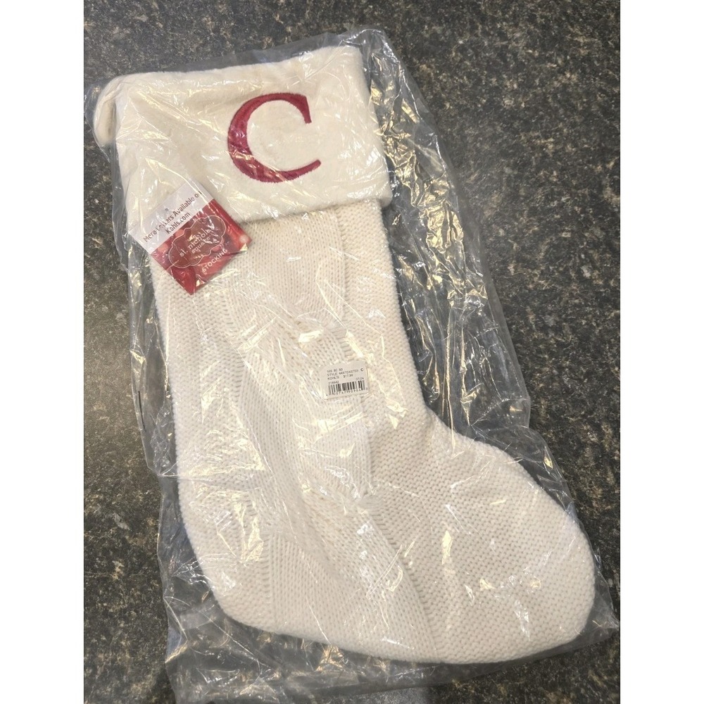 St. Nicholas Square Ivory Cable Knit Christmas Stocking‎ Red "C" *NEW*
